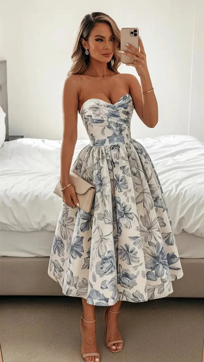 Blue Floral Strapless Midi Dress