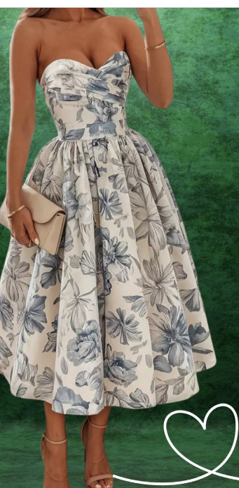 Blue Floral Strapless Midi Dress - Picture Color