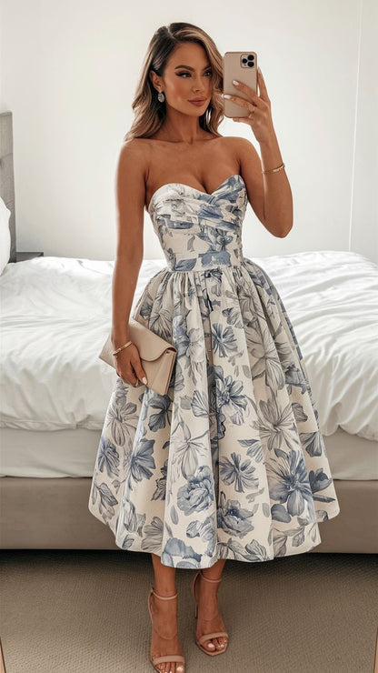 Blue Floral Strapless Midi Dress