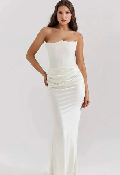 Olive Strapless Corset Maxi Dress - White
