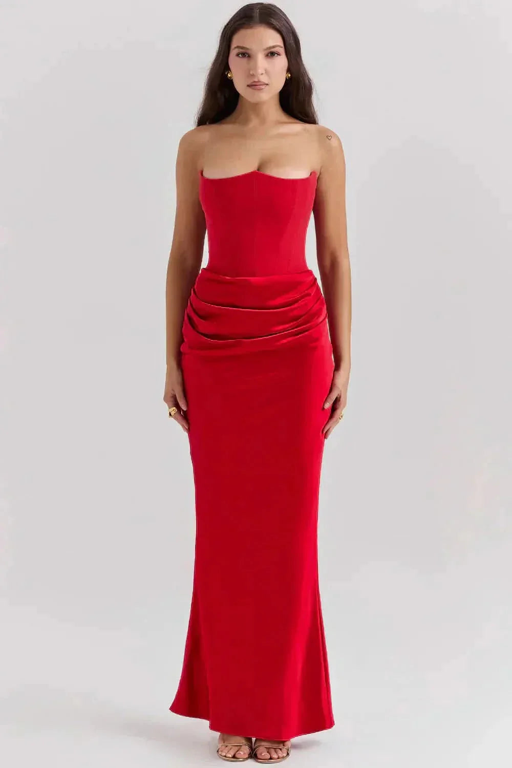 Olive Strapless Corset Maxi Dress - Red