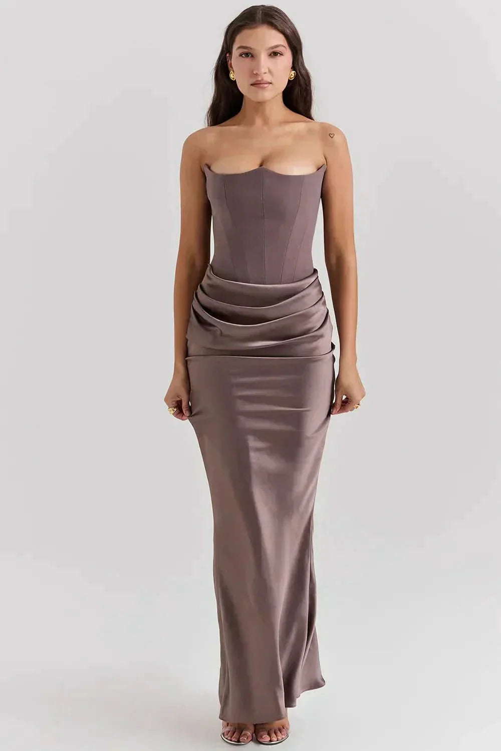 Olive Strapless Corset Maxi Dress - Brown
