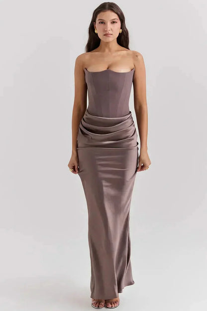 Olive Strapless Corset Maxi Dress - Brown