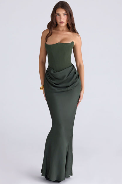 Olive Strapless Corset Maxi Dress - Green
