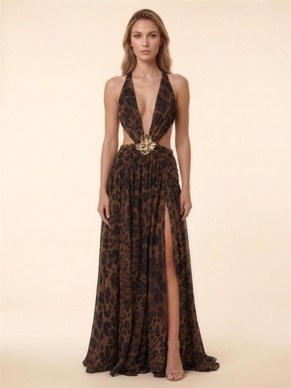 Halter Backless Chiffon Summer Maxi Dress - Leopard