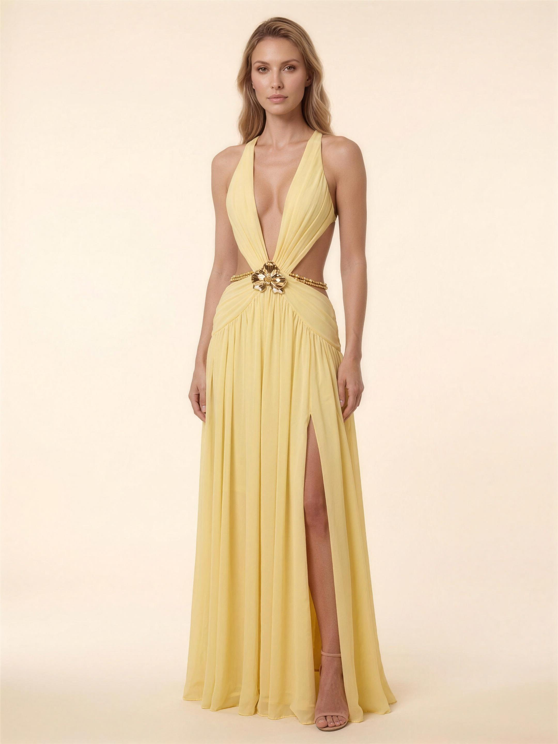 Halter Backless Chiffon Summer Maxi Dress - Lemon