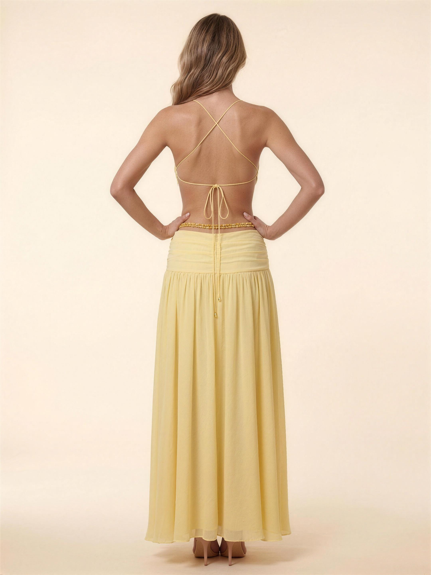 Halter Backless Chiffon Summer Maxi Dress - Lemon