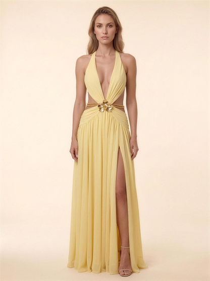 Halter Backless Chiffon Summer Maxi Dress - Lemon