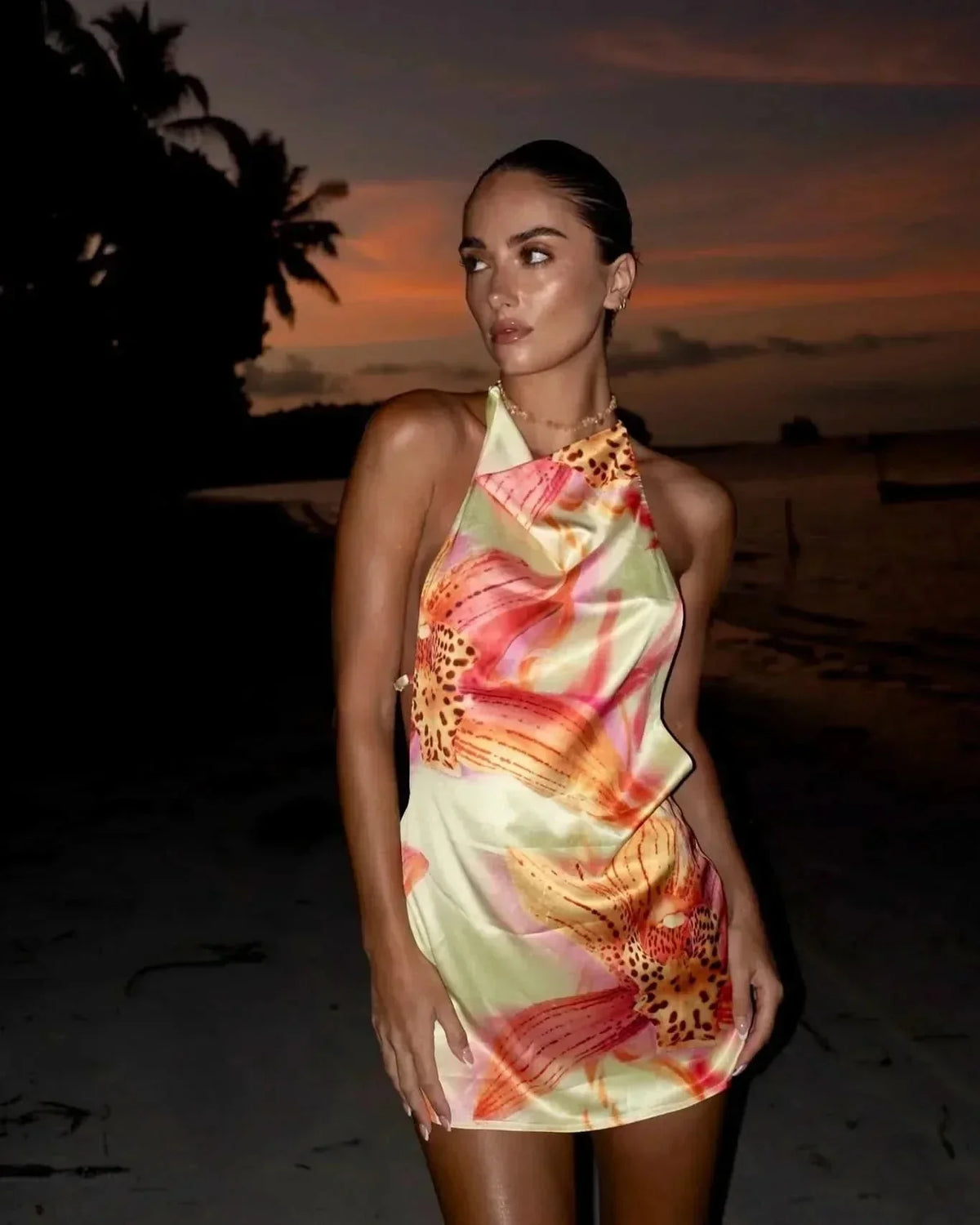 Citrus Lily Print Halter Mini Dress - Pink