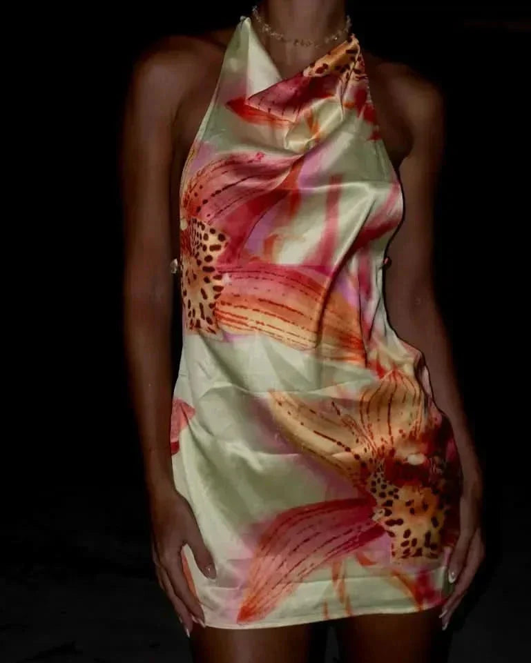 Citrus Lily Print Halter Mini Dress - Pink