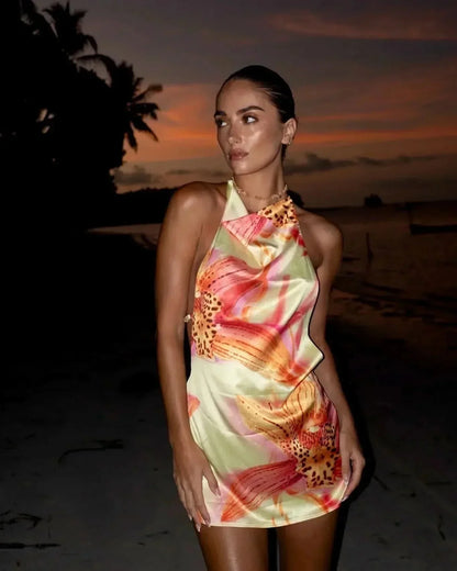 Citrus Lily Print Halter Mini Dress - Pink