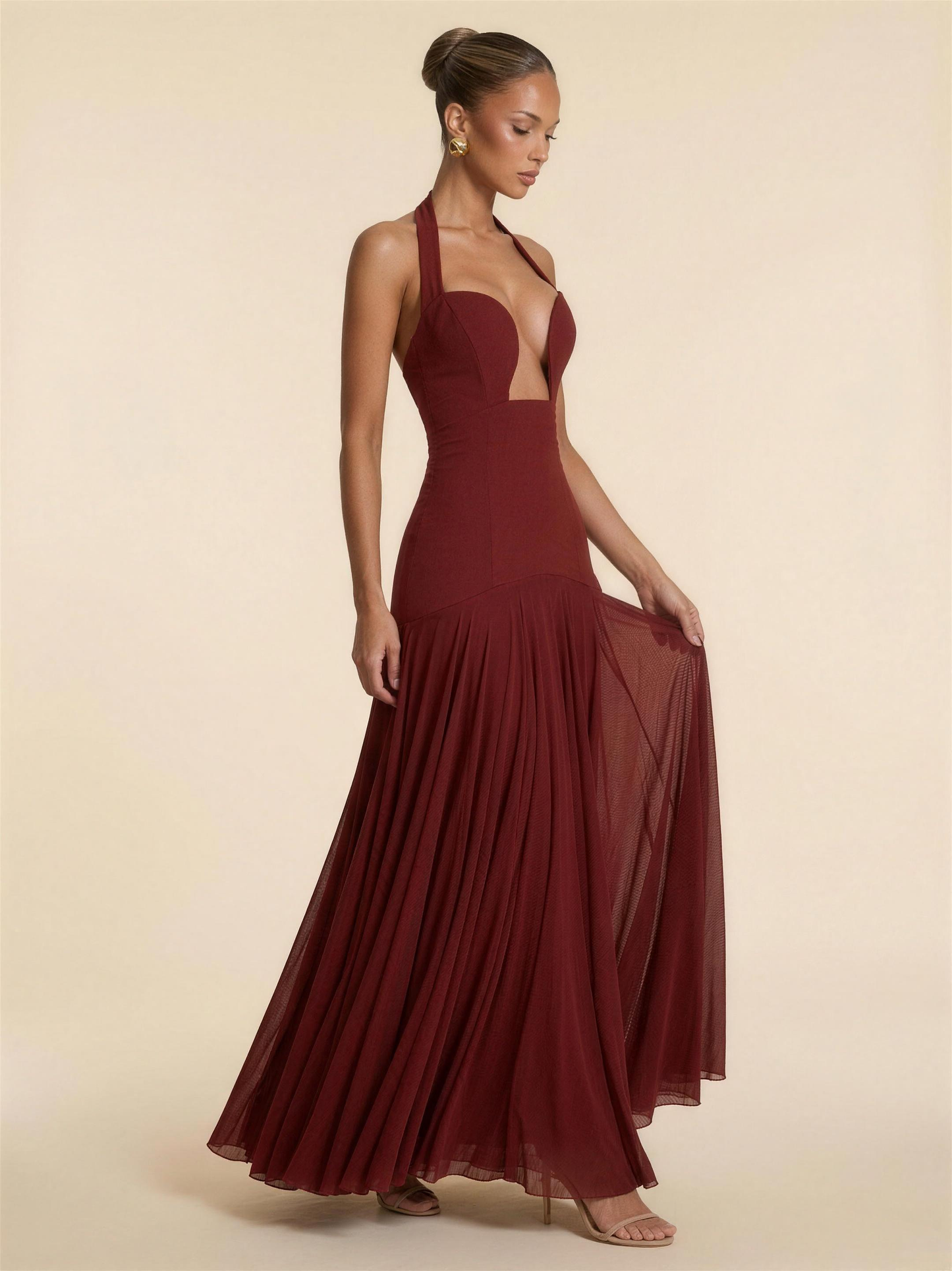 Halter Corset Crepe Mesh Maxi Dress