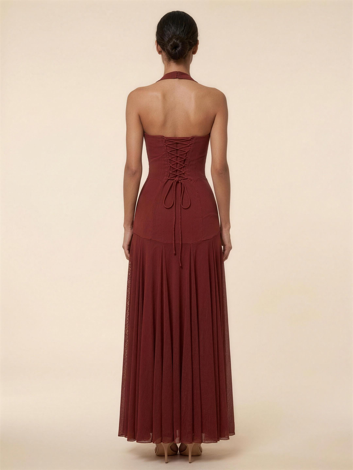 Halter Corset Crepe Mesh Maxi Dress