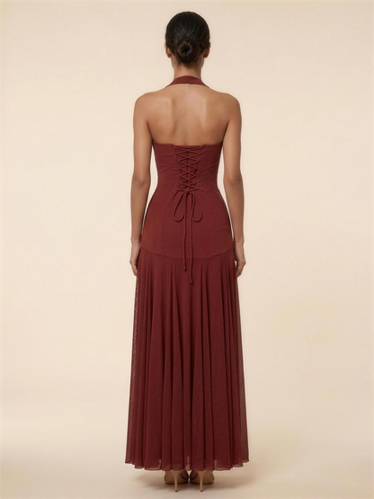 Halter Corset Crepe Mesh Maxi Dress