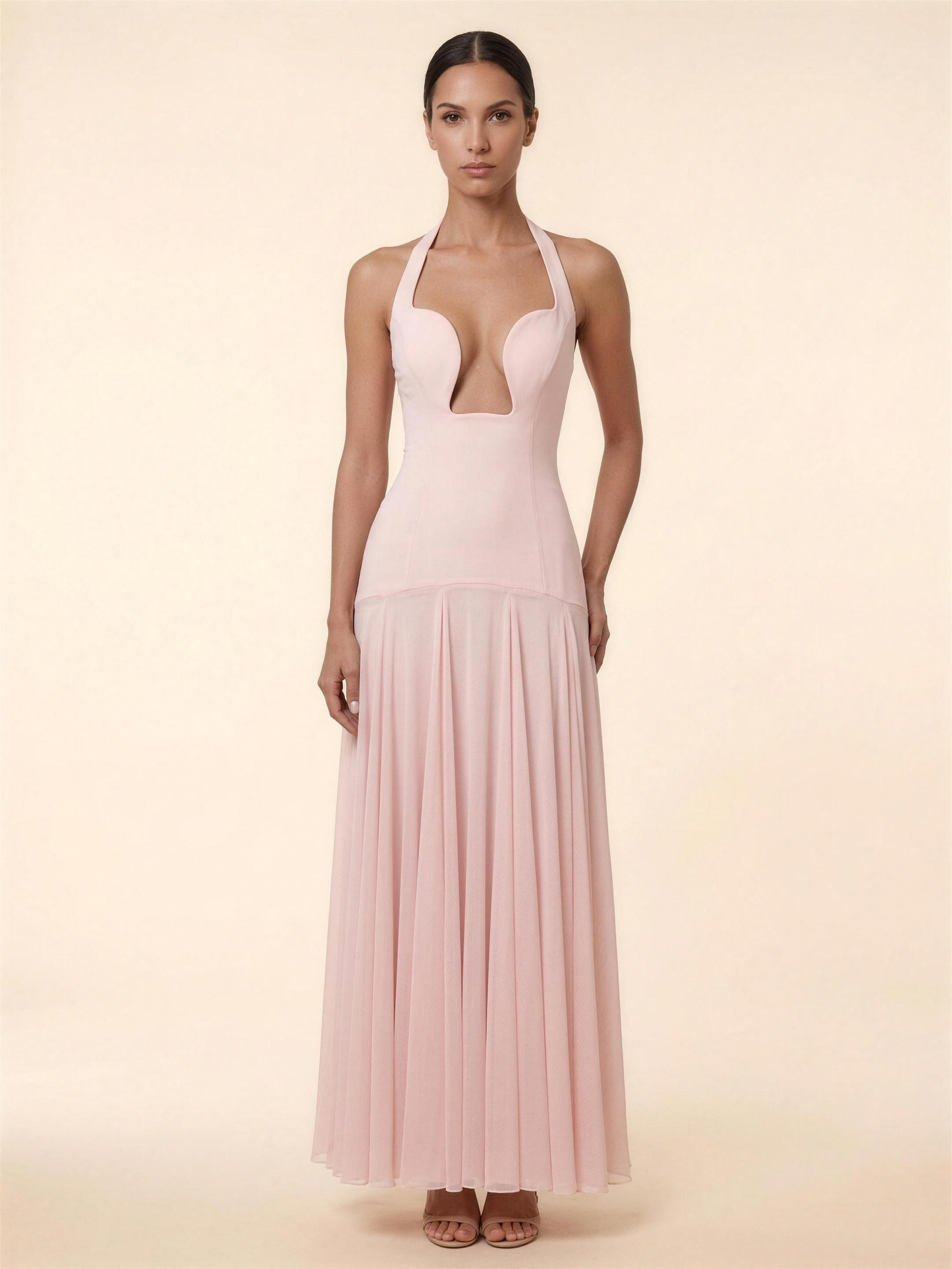 Halter Corset Crepe Mesh Maxi Dress - Blush