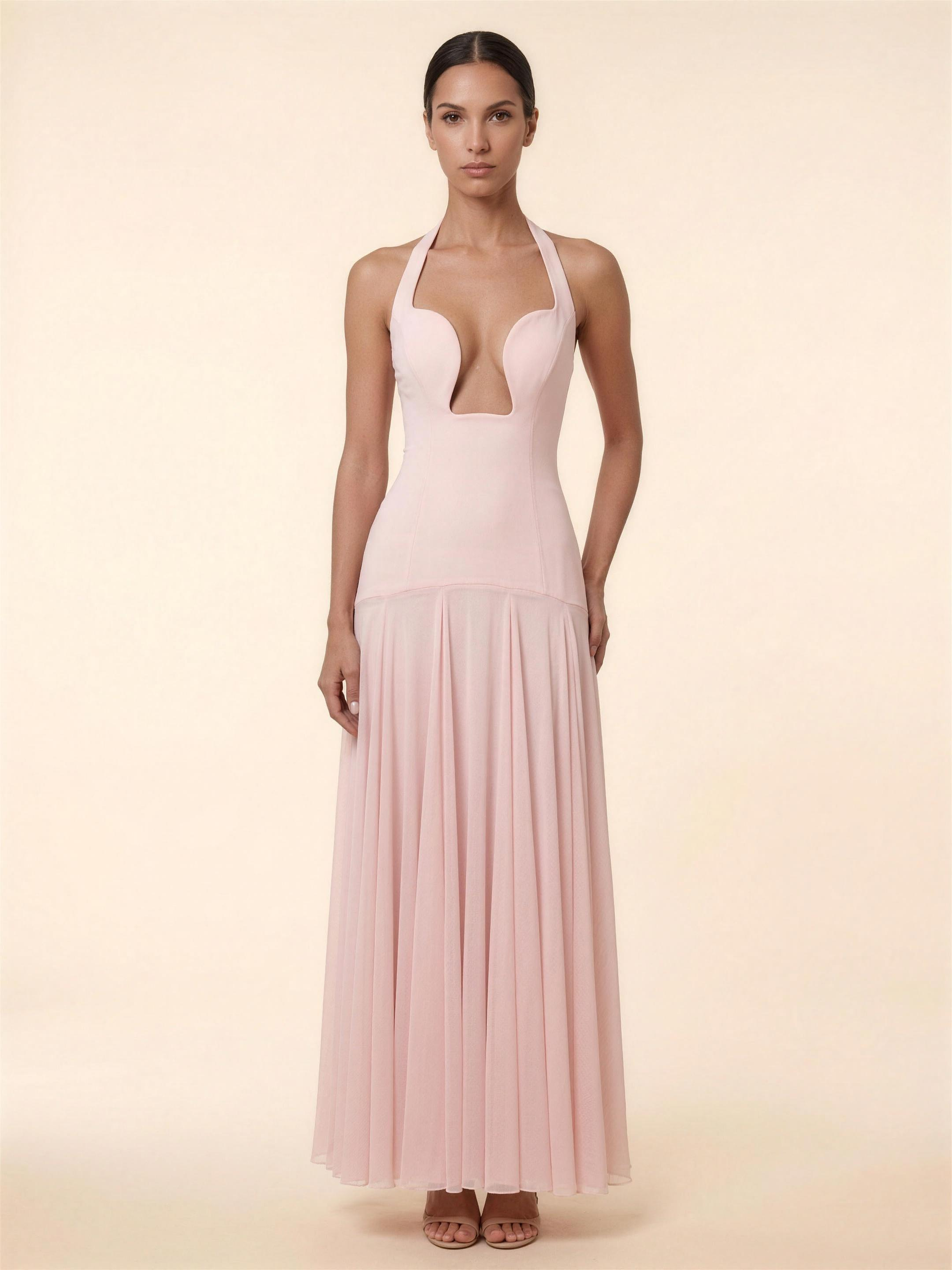 Halter Corset Crepe Mesh Maxi Dress - Blush