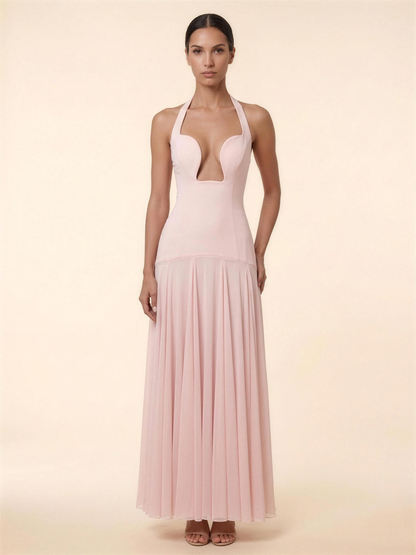 Halter Corset Crepe Mesh Maxi Dress - Blush