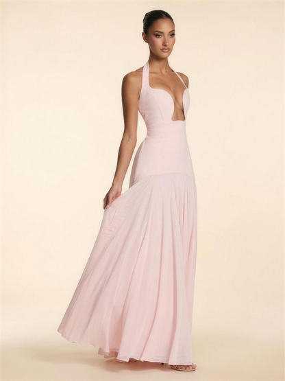Halter Corset Crepe Mesh Maxi Dress - Blush