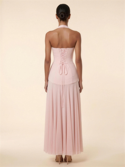 Halter Corset Crepe Mesh Maxi Dress - Blush