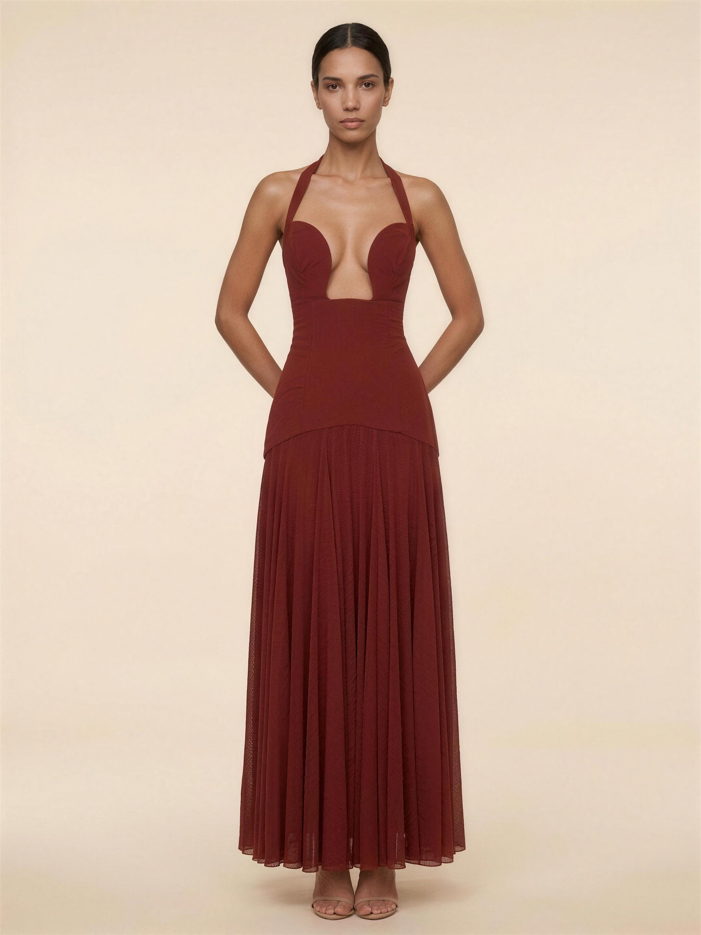 Halter Corset Crepe Mesh Maxi Dress - Deep Rust
