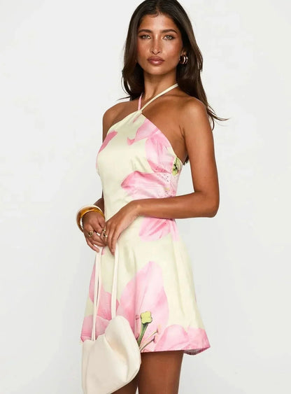 Halter Floral Satin Mini Dress - Sienna