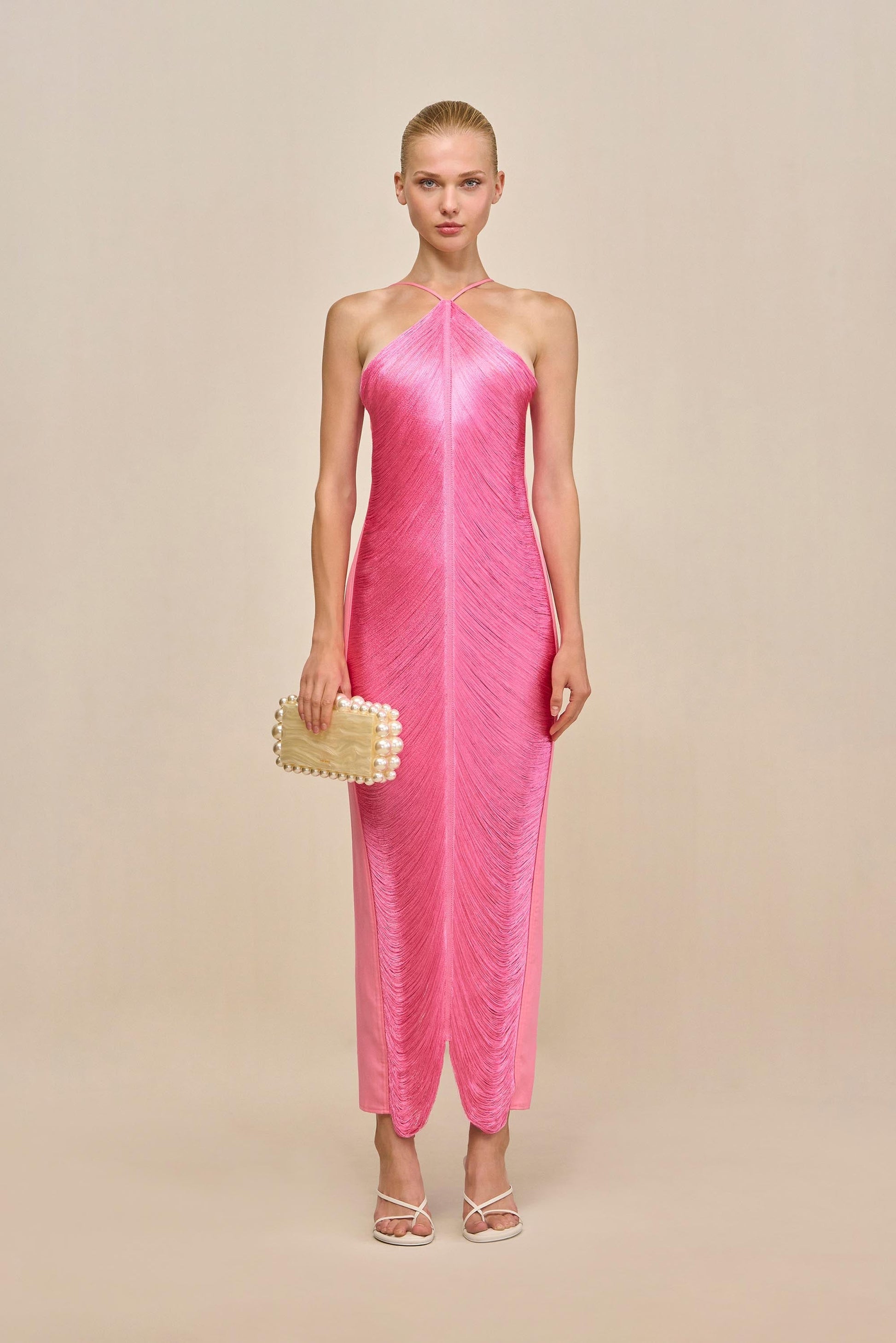 Halter Open Back Mesh 1960s Evening Gown - back