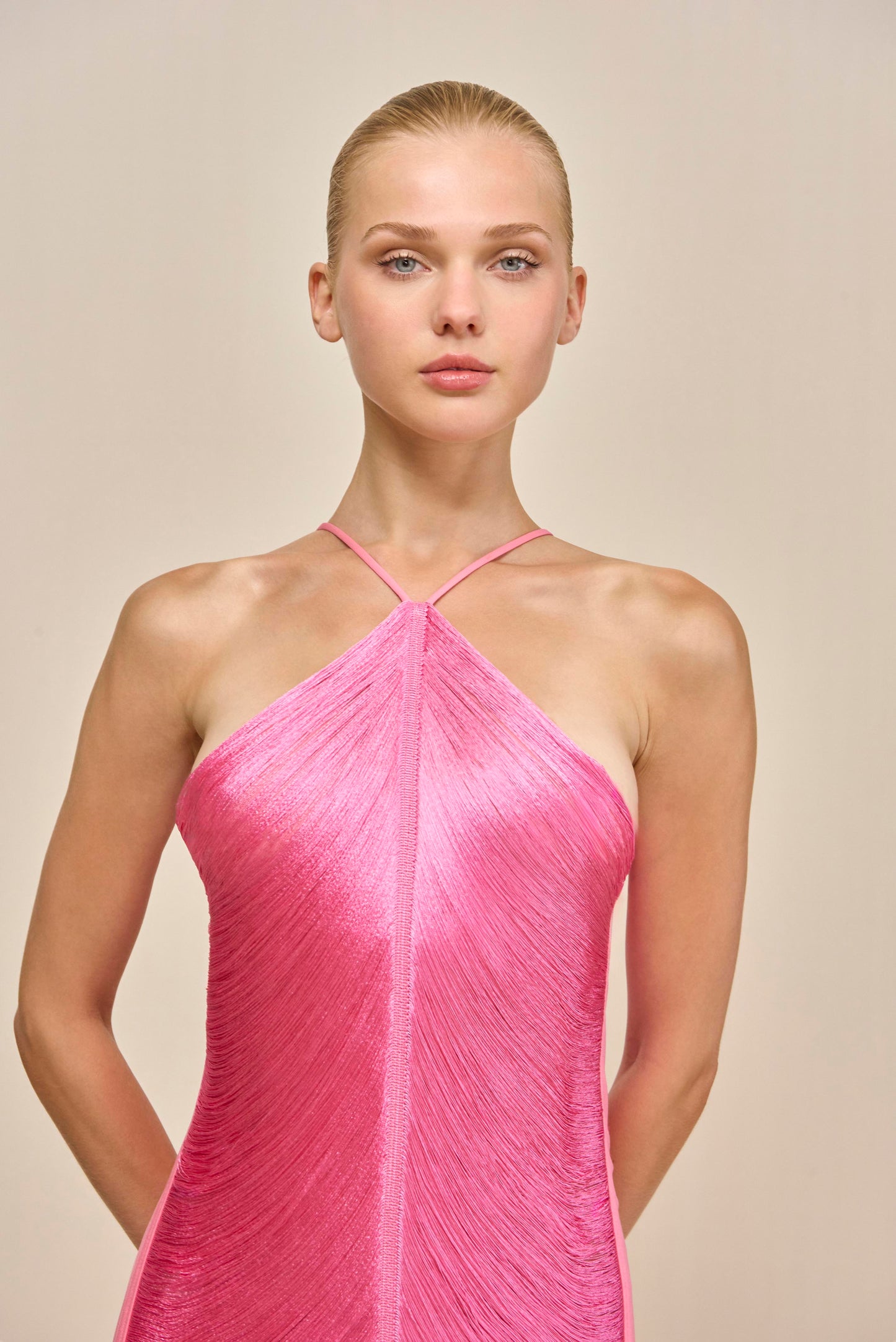 Halter Open Back Mesh 1960s Evening Gown - back