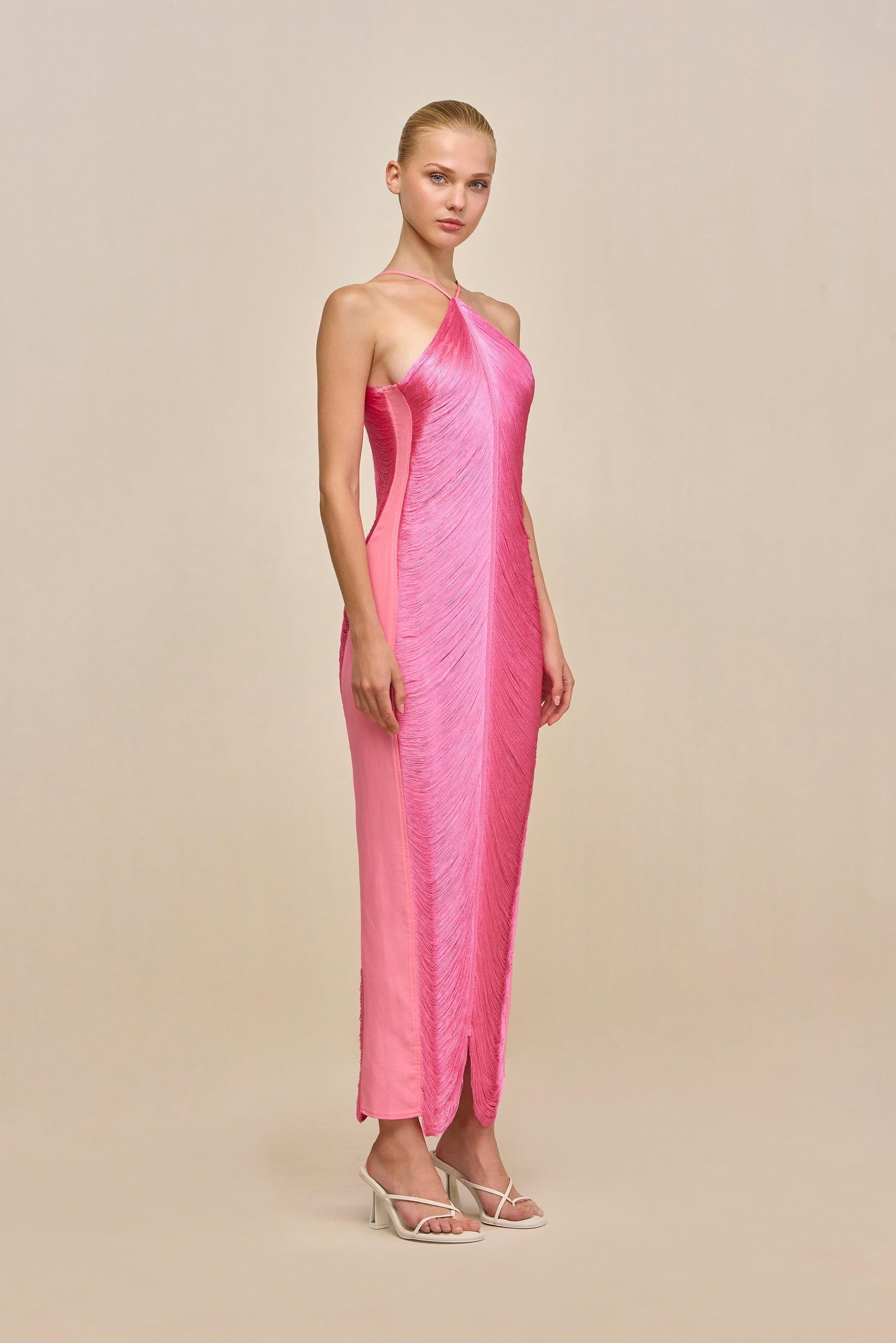 Halter Open Back Mesh 1960s Evening Gown - back
