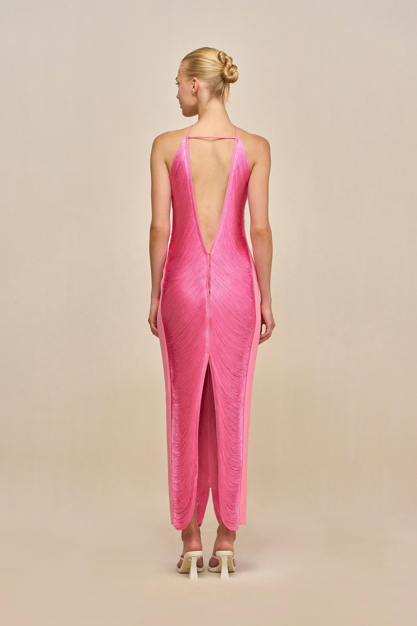 Halter Open Back Mesh 1960s Evening Gown - back