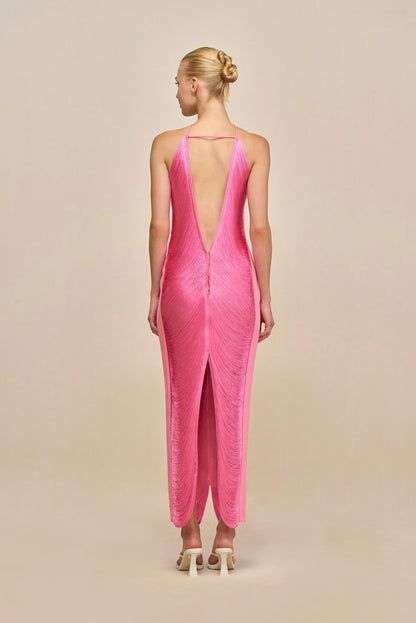 Halter Open Back Mesh 1960s Evening Gown - back