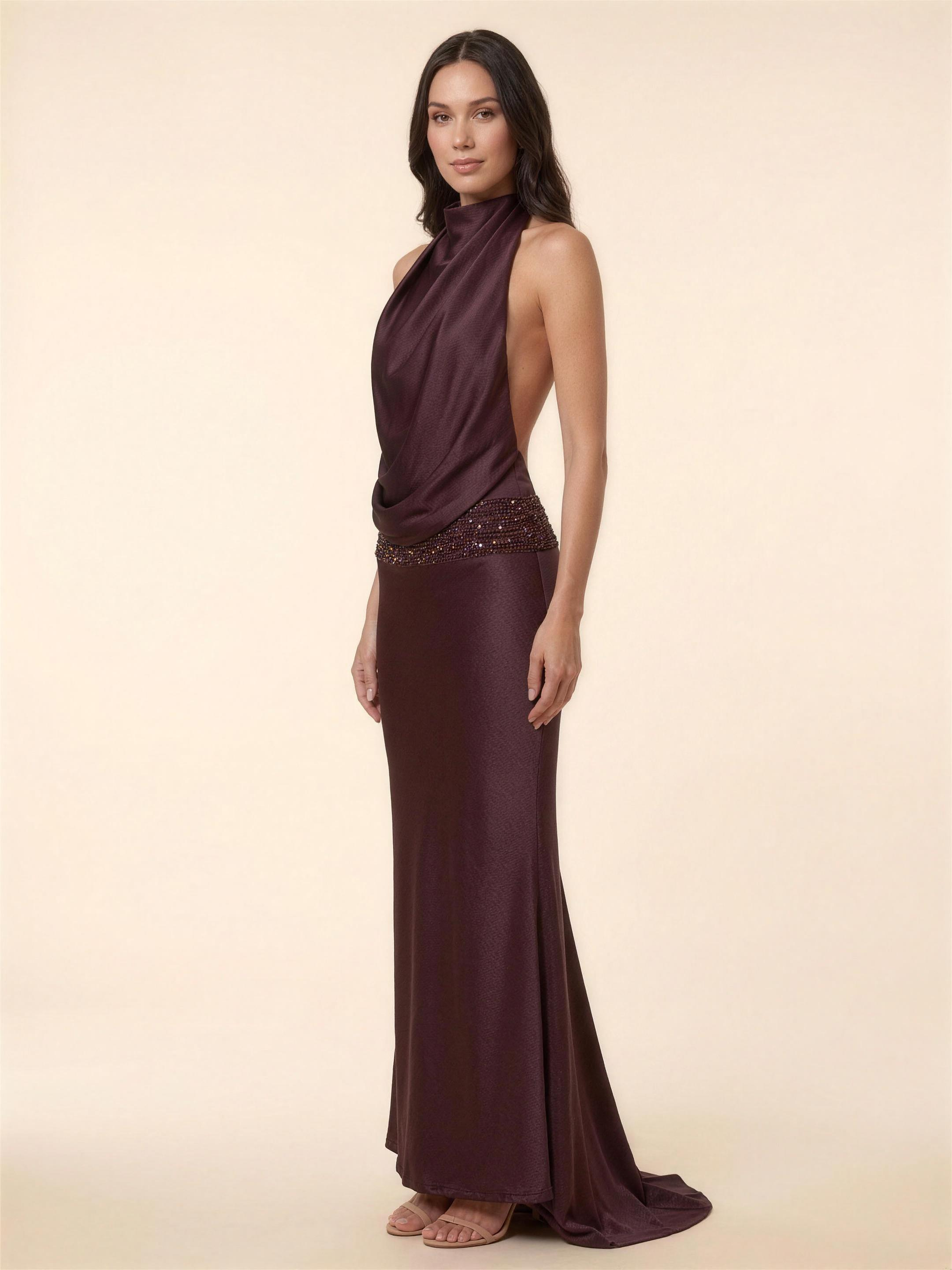 Halter Open Back Satin Neck Maxi Dress - Brown, back