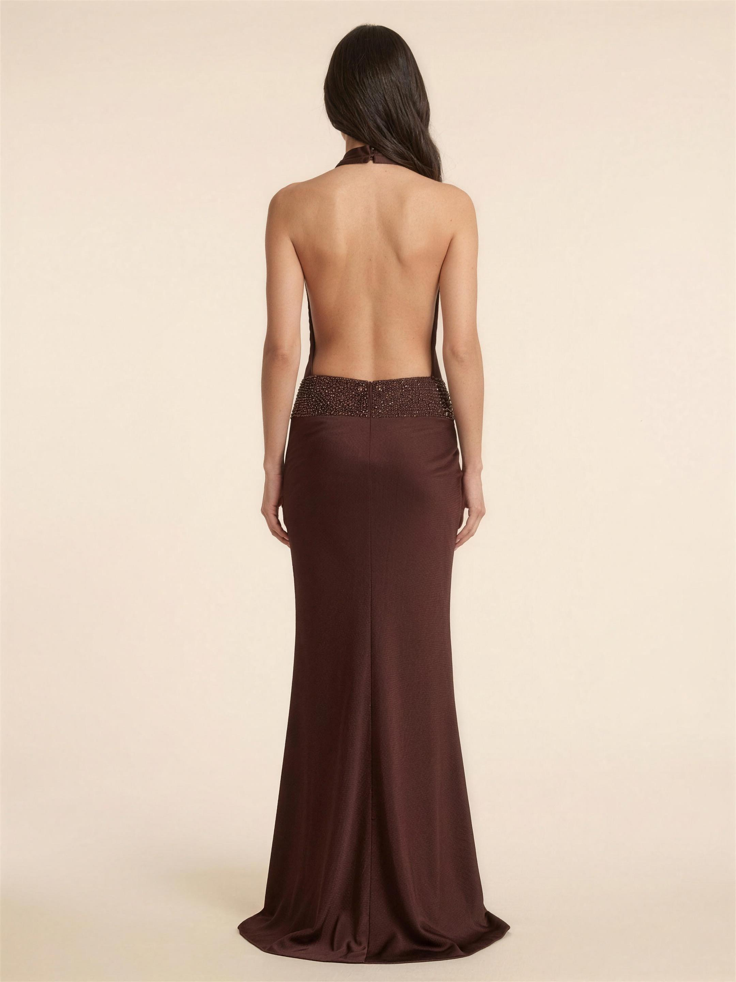 Halter Open Back Satin Neck Maxi Dress - Brown, back