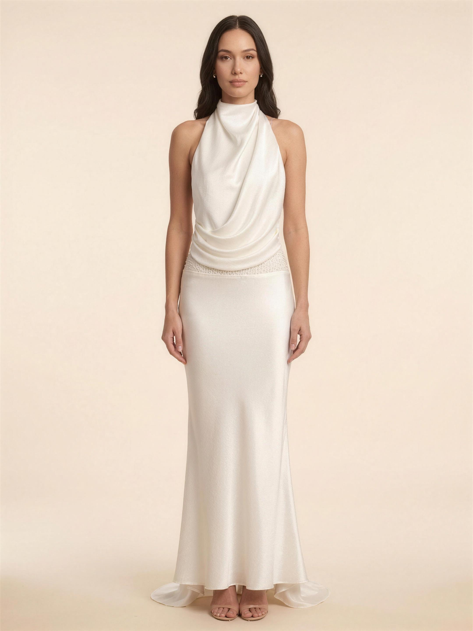 Halter Open Back Satin Neck Maxi Dress - Ivory, back