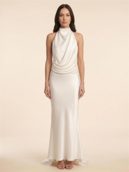 Halter Open Back Satin Neck Maxi Dress - Ivory, back