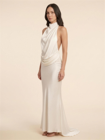 Halter Open Back Satin Neck Maxi Dress - Ivory, back