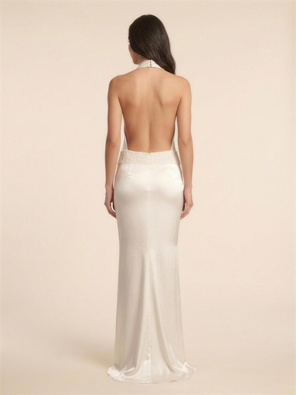 Halter Open Back Satin Neck Maxi Dress - Ivory, back