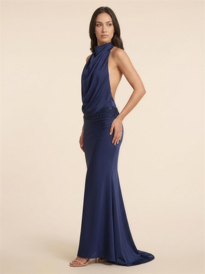 Halter Open Back Satin Neck Maxi Dress - Navy, back