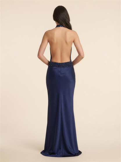 Halter Open Back Satin Neck Maxi Dress - Navy, back