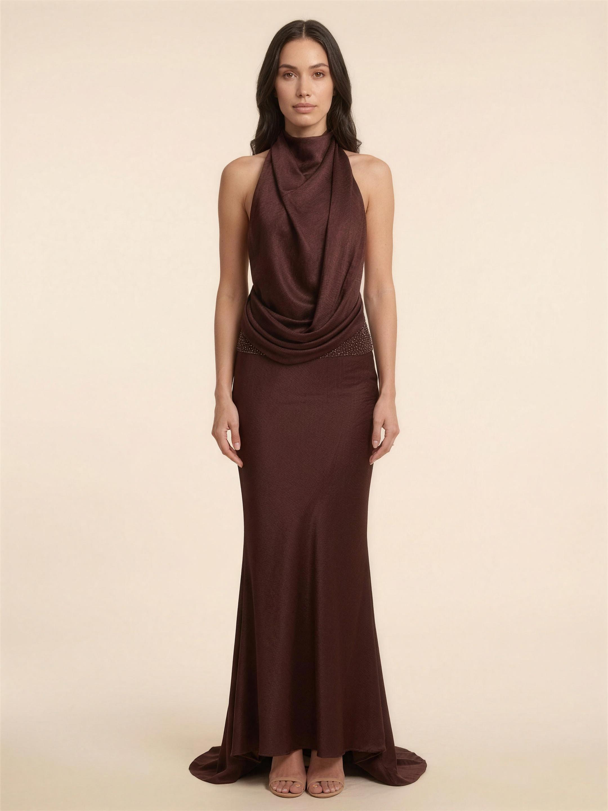 Halter Open Back Satin Neck Maxi Dress - Plum Brown, back