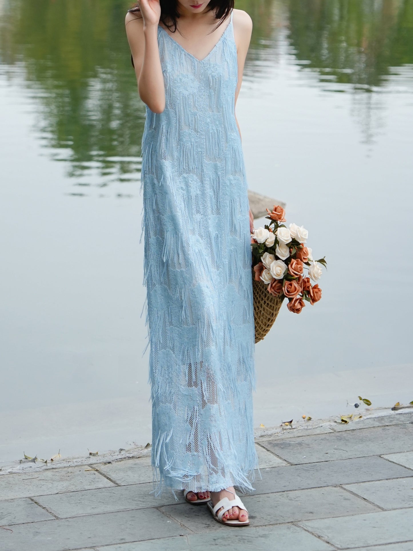 Ice Blue Feather Fringe Maxi Dress - Blue