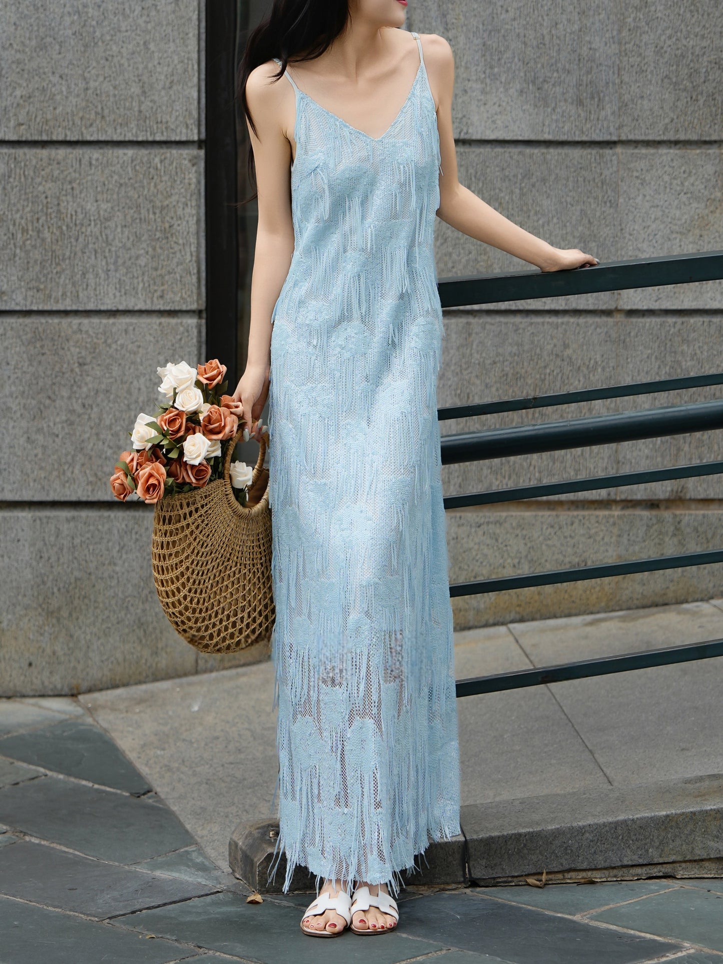 Ice Blue Feather Fringe Maxi Dress - Blue