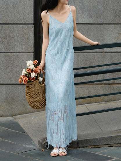 Ice Blue Feather Fringe Maxi Dress - Blue