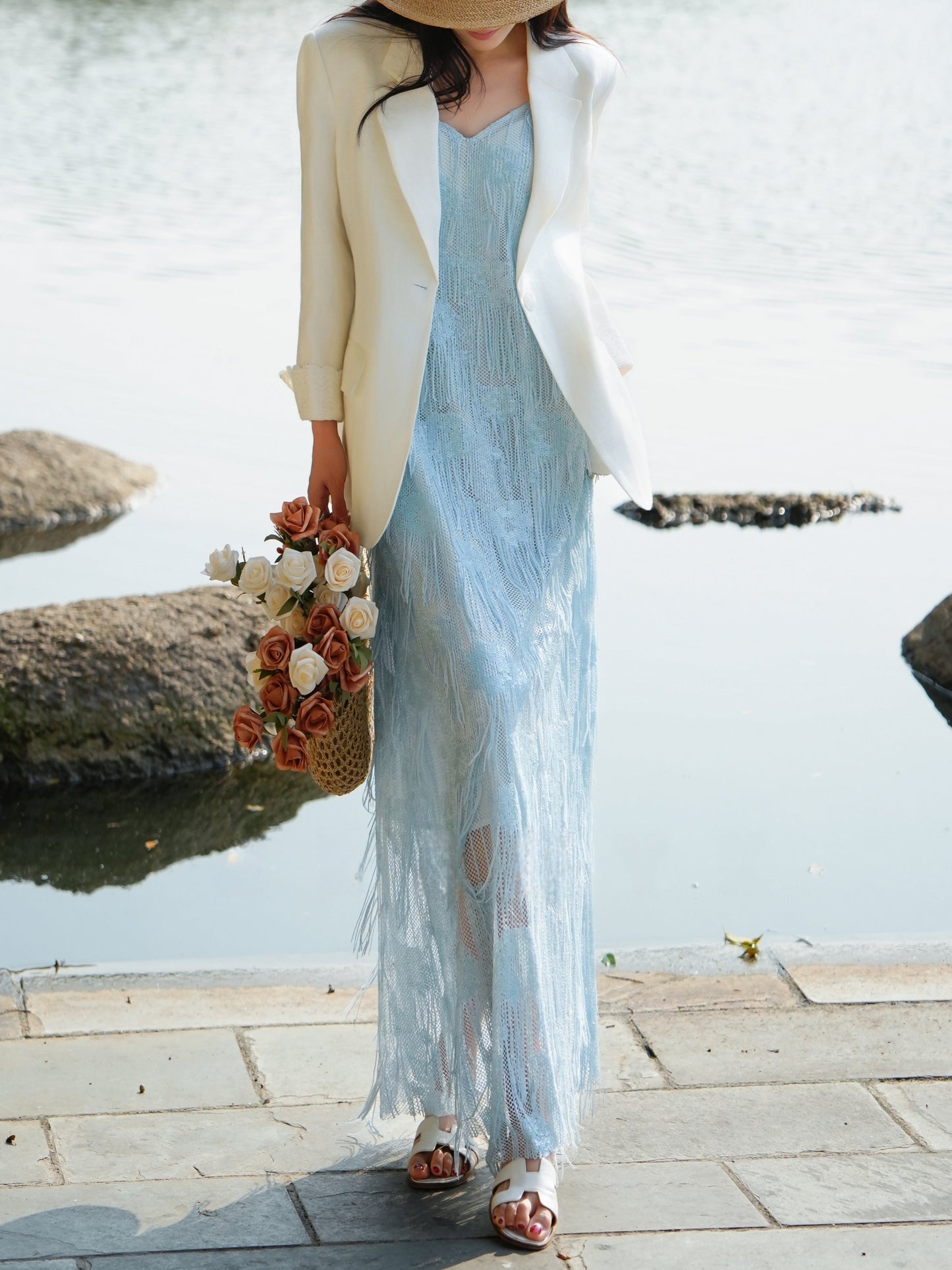 Ice Blue Feather Fringe Maxi Dress - Blue