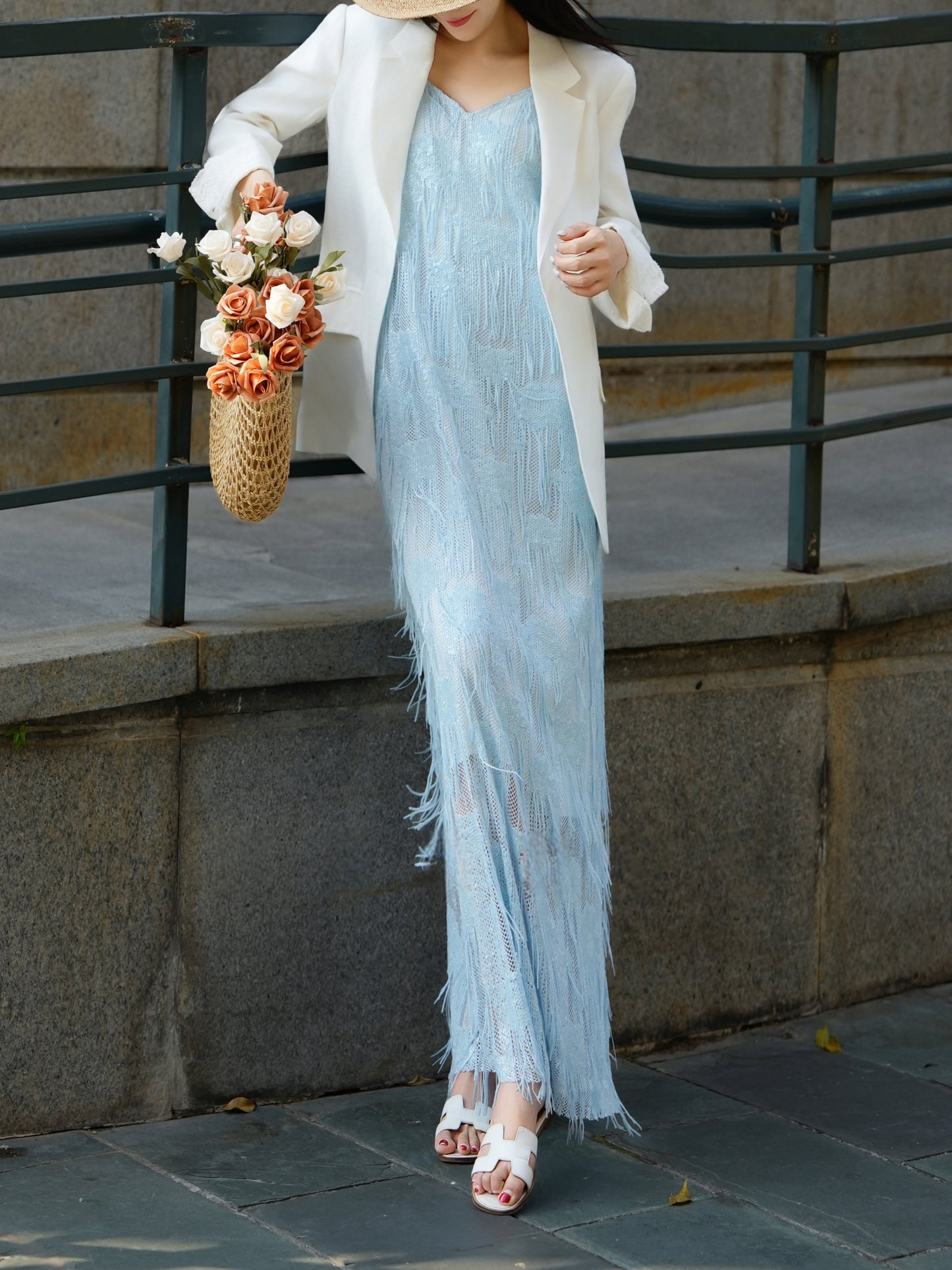 Ice Blue Feather Fringe Maxi Dress - Blue