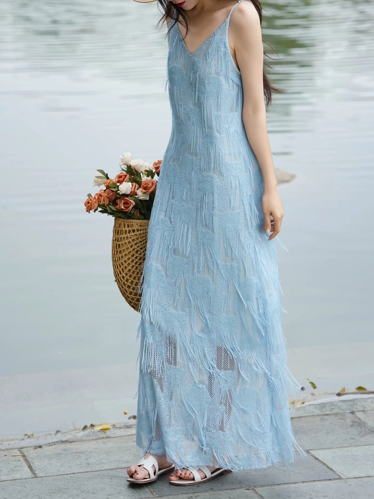 Ice Blue Feather Fringe Maxi Dress - Blue