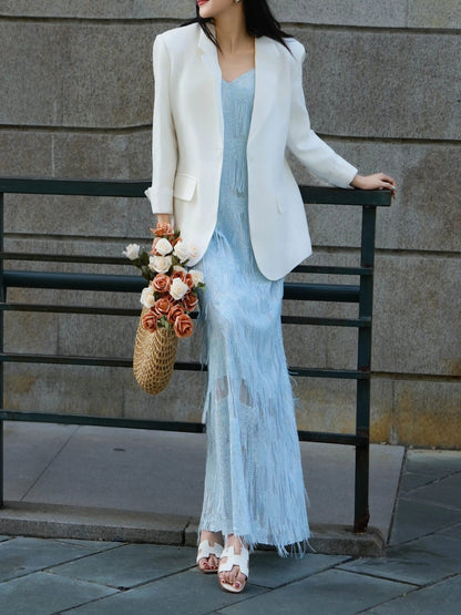 Ice Blue Feather Fringe Maxi Dress - Blue