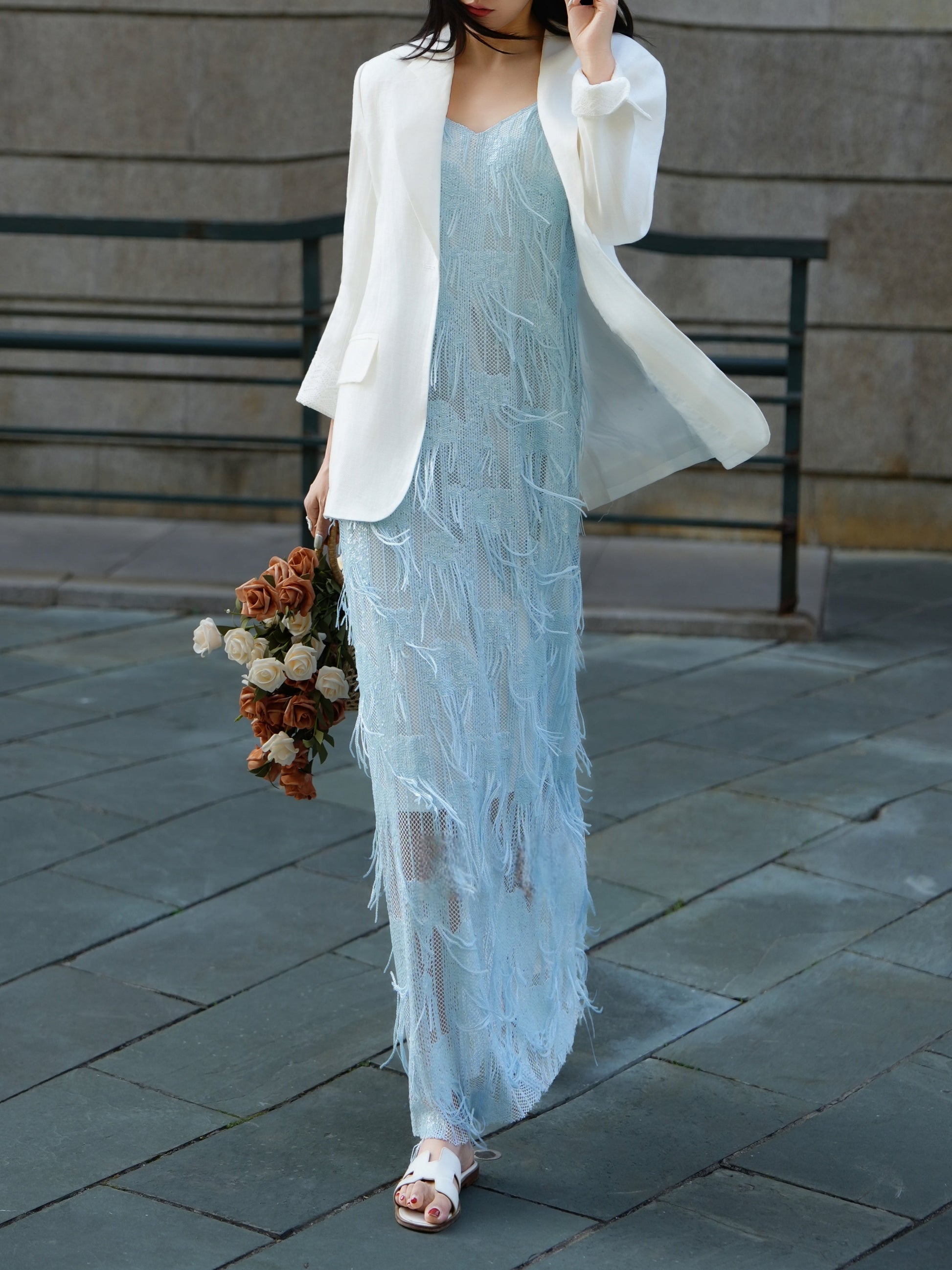 Ice Blue Feather Fringe Maxi Dress - Powder Blue