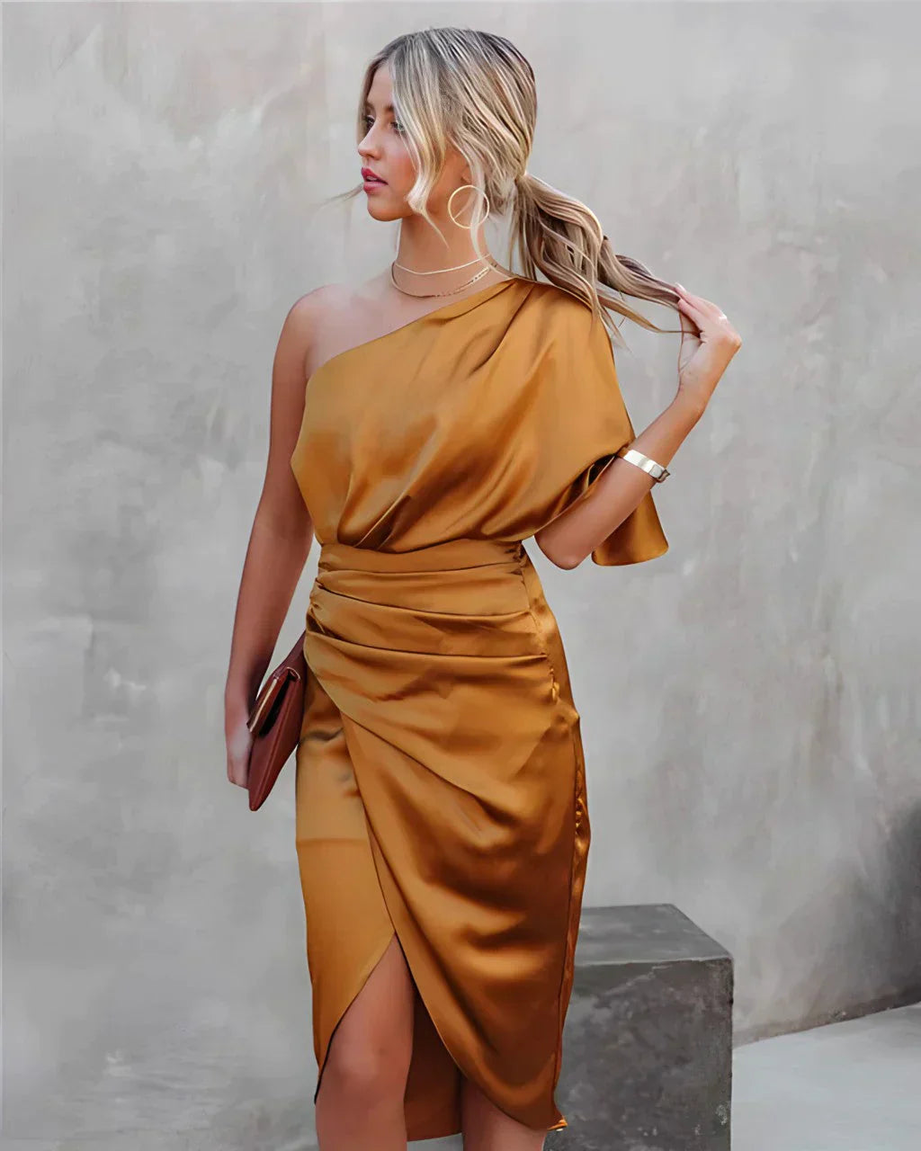 Women's Cocktail One Shoulder Draped Midi Dress With Slit