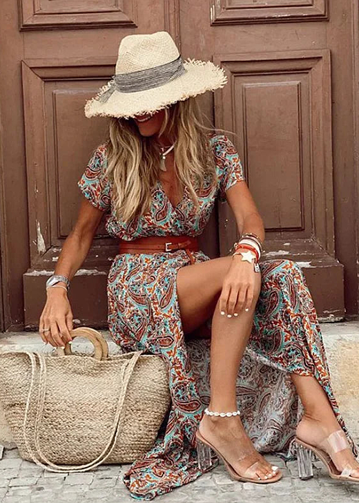 Women's Summer Boho V Neck Maxi Dress With Belt