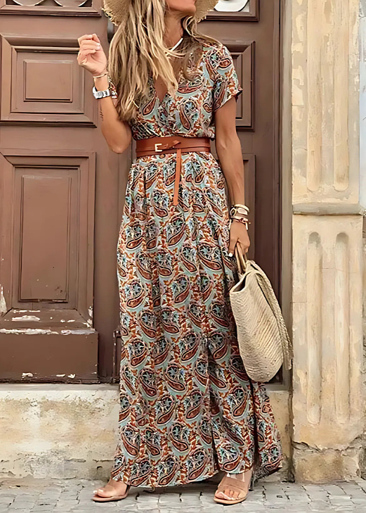 Women's Summer Boho V Neck Maxi Dress With Belt